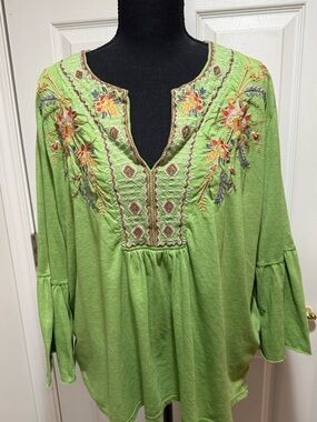 Johnny Was Light Green Embroidered Peasant Blouse